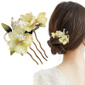 Handmade Floral Hair Pins, Yellow Jade Flower with Pearl Accents, Traditional Chinese Wedding Hair Accessories