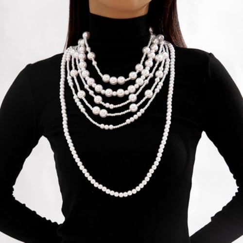 Layered Pearl Necklaces for Women Big Pearl Long Chain Necklace Dainty Faux Pearl Necklaces Statement Sweater Strand Chain Jewelry - style: SetB