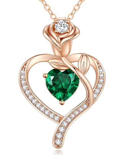 LOUISA SECRET Rose Flower Heart Birthstone Necklaces for Women, 925 Sterling Silver Jewelry, Pendant Heart Necklaces Birthday Anniversary Christmas Gift for Women Wife Mom Girlfriend Lady - color: Rose Gold-05-May
