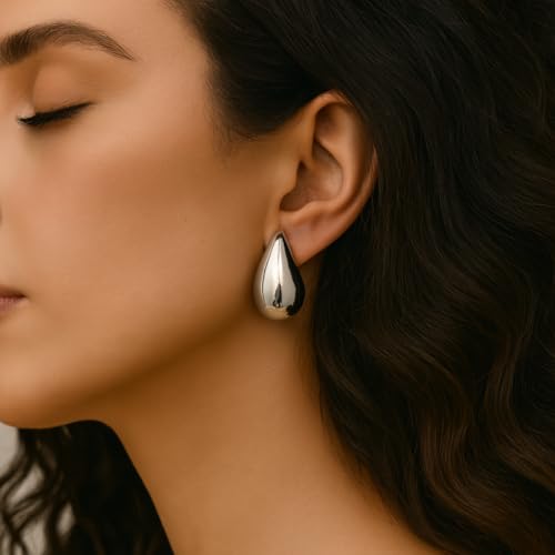 14K Gold Clip On Earrings Women,Teardrop Chunky Detachable Hoop Clip-On Earrings for Non Pierced Ears Hypoallergenic Lightweight Earring Clips - color: Silver