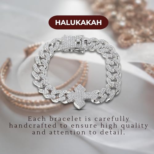 Halukakah Diamond Gold Chain for Men with Cross,18k Real Gold/Platinum Plated Fully Iced Out 12MM Miami Cuban Link Chain Necklace Bracelet,Lab Diamond Prong Set,Present for Husband,Boyfriend,Friend - color: Platinum Plated Bracelet