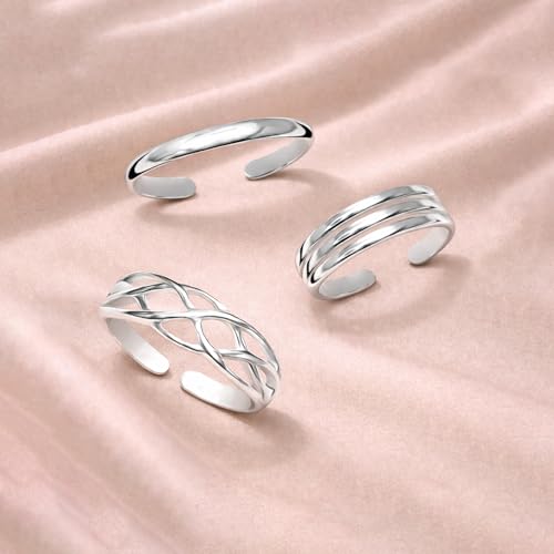 LeCalla 925 Sterling Silver Open Toe Rings Set for Women Adjustable Minimalist Toe Rings Summer Beach Foot Jewelry - color: 06. Trio (3 PCS)