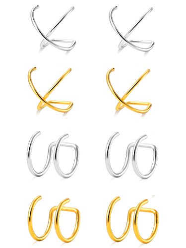 Tornito 4-10 Pairs Stainless Steel Ear Cuff Helix Cartilage Clip On Wrap Earrings Fake Nose Ring Non-Piercing Adjustable - color: B2:4 Pairs, Silver&Gold Tone