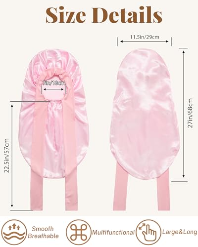 AWAYTR Long Satin Bonnet for Braids - Elastic Silk Hair Bonnets for Sleeping Night Cap Stretchy Tie Band for Women（Pink） - color: Pink