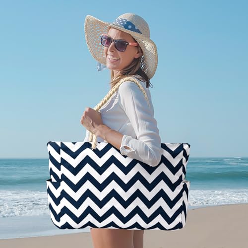 Becokan Beach Bag Large Beach Tote Bag for Women Waterproof Sandproof Swim Pool Bag With Zipper - color: Dark Blue Wave