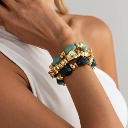 Gold Bracelet Stack For Women, 3Pcs Jade Vintage Chunky Stackable Stretch Boho Western Adjustable Bracelet Stacks Statement Dainty Tarnish Free Waterproof Jewelry Gift - color: Green