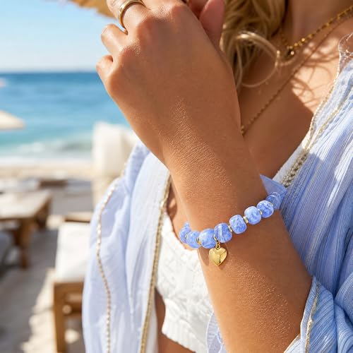 Chunky Beaded Bracelets for Women Boho Multicolor Acrylic Resin Beads Bracelet Adjustable Statement Bracelet Summer Beaded Jewelry - color: Heart beads bracelet-light blue