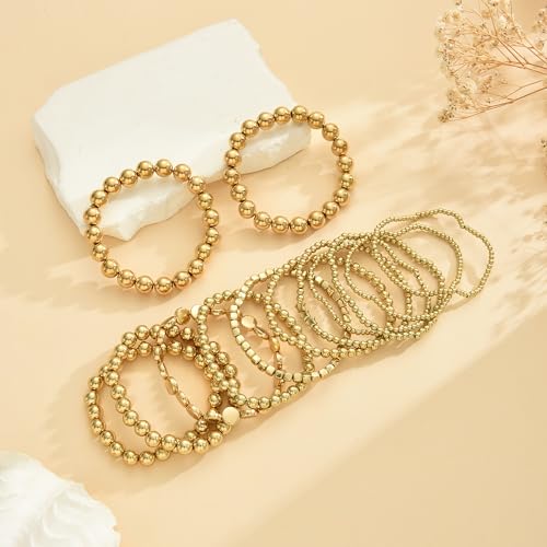 ÌF ME 16 PCS Gold Bead Bracelet for Women, Gold Beaded Stretch Plated Stackable Strand Bead Ball Bracelets stack Adjustable Jewelry Set for Gifts - color: 13 PCS Gold