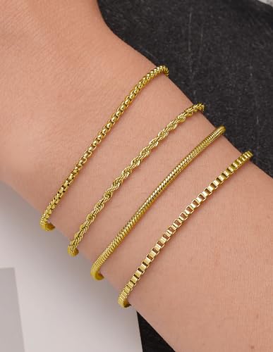 6Pcs Stainless Steel Chain Bracelets for Men Women 2mm Cuban Snake Twists Rope Box Beads Paperclip Link Chain Bracelet Sets Jewelry Gifts 7 Inches Length Adjustable - style: B:6 Gold-Chains
