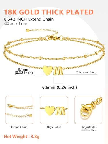 Silvora Ankle Bracelets for Women Waterproof 14K Gold/Silver/Black Initial Anklet for Women Dainty Layered Heart Ankle Bracelets Stainless Steel Adjustable Foot Chain Anklet Summer Beach Jewelry - color: Gold-14K Gold Plated, size: 13.M