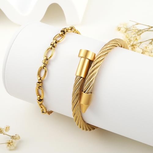 2PCS 18K Gold Plated Nail Bangle & Chain Bracelet Set for Women, Adjustable Stackable Bangle Jewelry, Dainty Gold Bracelet Gift for Women - color: Set L