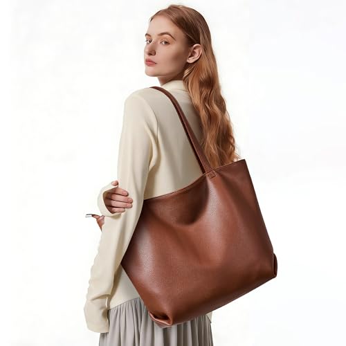 WLLWOO Soft Vegan Leather Tote Bag for Women Large Casual Hobo Handbags Zipper Shoulder Work Daily Weekender Travel Purse - color: Brown
