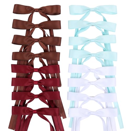 WORTL Hair Bows Clips Coquette Ribbon Bowknot with Long Tail Princess Hair Bows French Barrettes Hair Accessories for Women Girls 16PCS (Wine Red, White, Aquamarine, Brown) - color: Wine Red, White, Aquamarine, Brown