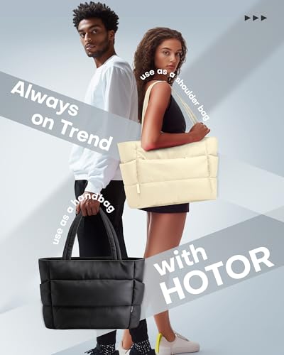 HOTOR Puffer Tote Bag for Women, Nurses - Multi-Pocket Lightweight Bag for Work - Quilted Handbag for Travel and Gym - color: Beige, size: 20.1" × 6.7" × 13.4"