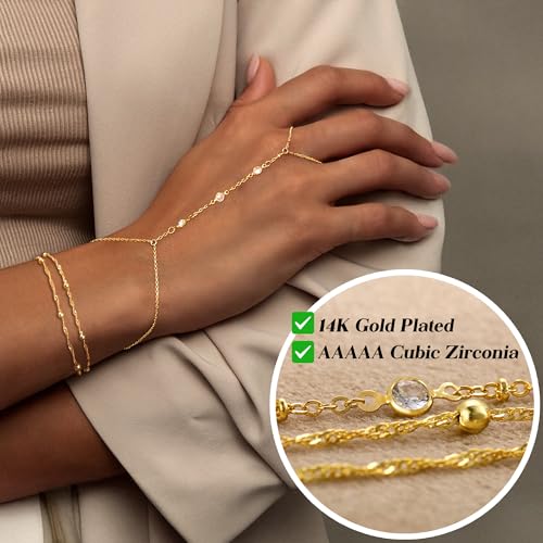 Gold Bracelets for Women, 14k Gold Plated Hand Chain Bracelet, 2 Pcs Ring Bracelets for Women Trendy Dainty Cubic Zirconia Bracelet Ring Bracelet Hand Jewelry Adjustable 6.3'+2' - style: 3 CZ-2 Pcs