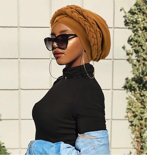 African Women Turban Caps Pre-Tied Twisted Turbans Head Scarf for Women Hair Wraps Cover Beanie Cancer Chemo Headwear - color: 1 Pack Double Twisted Braid: Brown