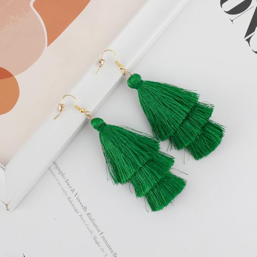 Earrings for Women Dangling, Layered Tassel Earrings Fringe Earrings Bohemian Studs Drop Earrings - color: Green