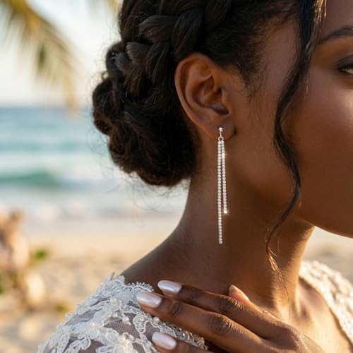 SLUYNZ 925 Sterling Silver Simulated Diamond Drop Earrings Linear Dangle Earrings for Women Teens Eelgant Wedding Bridal Prom Earrings Dainty CZ Long Dangling Earrings Tassel 4.5 cm/7.5 cm - color: B-Silver-6.3cm
