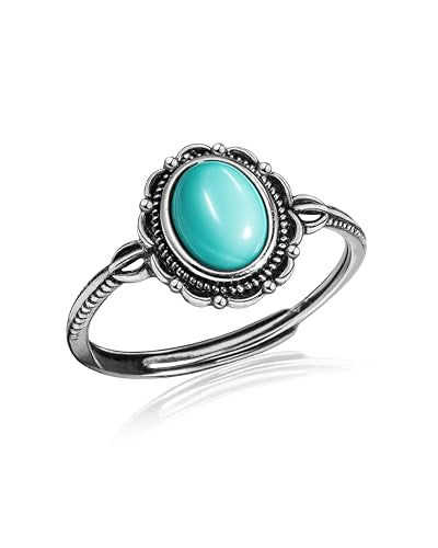 Turquoise Ring for Women, S925 Sterling Silver Boho Ring with Vintage Filigree Adjustable Design, Turquoise Birthstone Jewelry for Dating Daily Wear