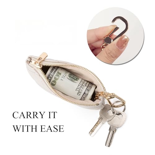 Quilted Leather Coin Purse with Keychain - Small Coin Pouch Key Pouch Small Card Holder Keychain Wallet Change Purse for Women and Men (Creamy-white) - color: Creamy-white