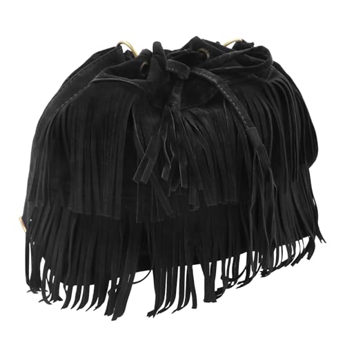 Fringe Hobo Purse Bags for Women Crossbody Purses with Drawstring Ladies Tassel Tote Shoulder Bucket Handbags,Black - color: Black(barrel Shape)