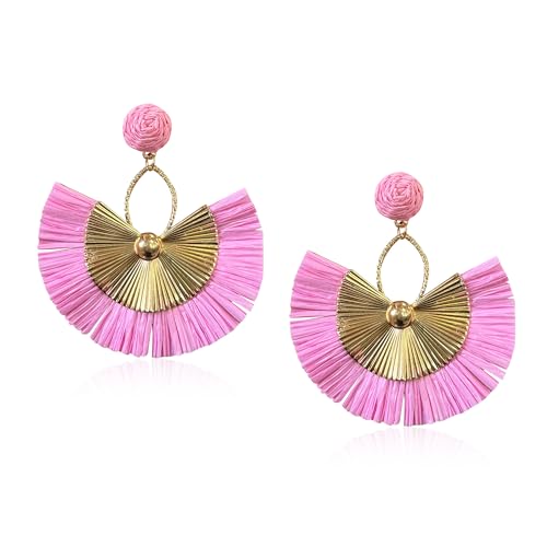 Anmpab Straw Fan Bohemian Tassel Earrings for Women Trendy Colorful Fringe Summer Beach Statement Earrings - color: Pink