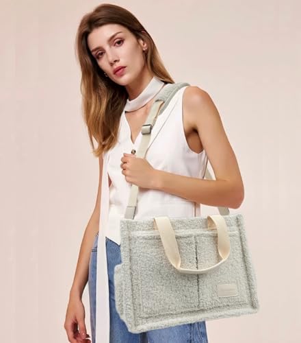 Large Canvas Tote Bag for Women Work Tote Bags with Pockets Laptop Crossbody Purses Everyday Bag Handbags for Travel - color: Plush Beige