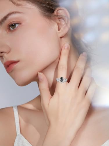 Natural Moss Agate Ring for Women 925 Sterling Silver Pear/Oval/Kite/Heart/Hexagon/Emerald/Coffin Cut Green Leaf Moss Agate Engagement Ring Promise Bridal Set Anniversary Birthday Jewelry Gifts - color: Oval Cut Black Rutilated Quartz