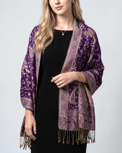 Achillea Reversible Paisley Pashmina Rave Scarf – Exotic Indian Shawls and Wraps for Evening Dresses, Festivals, All Seasons - color: Purple