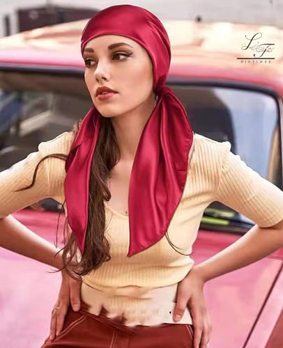 Hioyiwse Satin Square Scarf for Women Solid Color Emulation Silk Handkerchief Hair Ribbon Headband Handbag Purse - color: D5-wine Red(23.6*23.6inch)