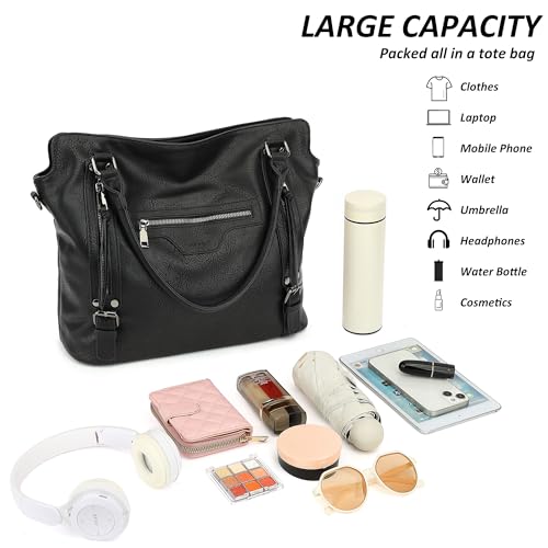 TANTOMI Tote Bag for Women Vegan Leather Purses and Handbags Ladies Waterproof Big Shoulder Bag for Travel - color: Black.e