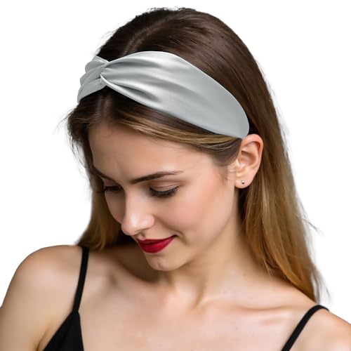 ZLYC Mulberry Silk Headband Elastic Twist Knotted Head Bands for Women's Hair, Solid Silver - color: Solid Silver