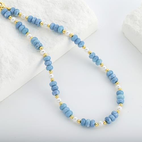 CANEVINKA Bohemian Beaded Choker Necklace 18K Gold Plated Bead Pendant Necklace Vintage Handmade Jewelry for Women - style: Blue Beaded Pearl