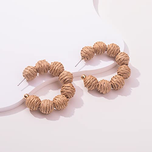 Raffia Hoop Earrings Statement Boho Beaded Earrings Cute Rattan Handmade Colorful Jewelry for Women Unique Summer Outfits - color: Wheat