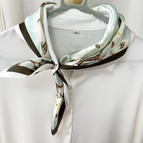 FONYVE 100% Mulberry Silk Scarfs for Women-Lightweight Square Satin Head Scarf-Small Silk Hair Scarf for Sleeping 21"x21" - color: 09 Green Flowers