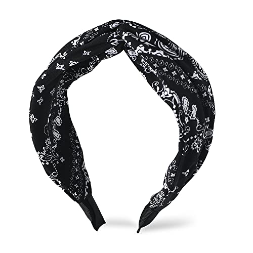 Boho Black Paisley Knotted Headband - Wide Twisted Knot, Non-Slip Bandana for Women and Girls' Hair - color: black