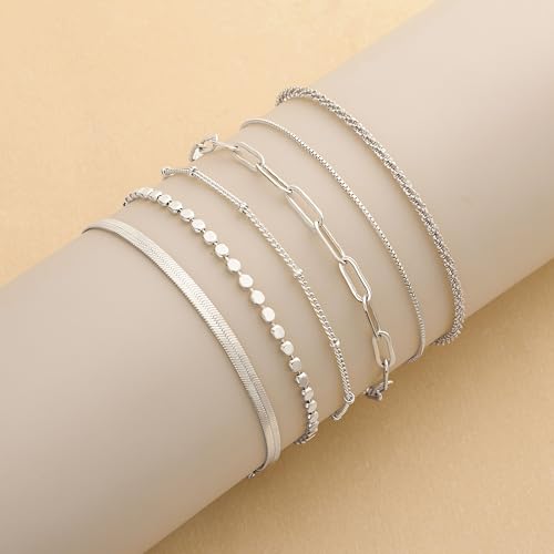 DEARMAY Sterling Silver Plated Bracelets Set for Women Waterproof, Non Tarnish Sterling Silver Link Chain Bracelets Pack Dainty, Fashion Jewelry Gifts for Everyday Comfortable - color: 6Pcs Silver Bracelets C