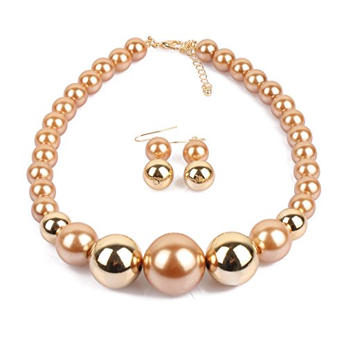Fuqimanman2020 Chunky Large Simulated Pearl Choker Necklace Drop Dangle Earrings Crystal Bib Big Round Beaded Strand Multicolor Costume Statement Wedding Jewelry Set for Women Brides - color: Champagne B