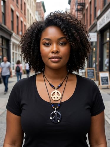 LAVIP Peace Sign Pendant Necklace, Black Cord with Wooden Beads, Boho Style - color: Black-1