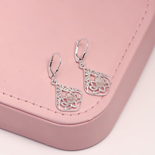 LeCalla 925 Sterling Silver Filigree Dangle Drop Leverback Earrings for Women | Long 925 Silver Dangle Leverback Earrings Hypoallergenic Filigree Tear drop Earrings Jewelry - style: Moonstone Flower-35mm