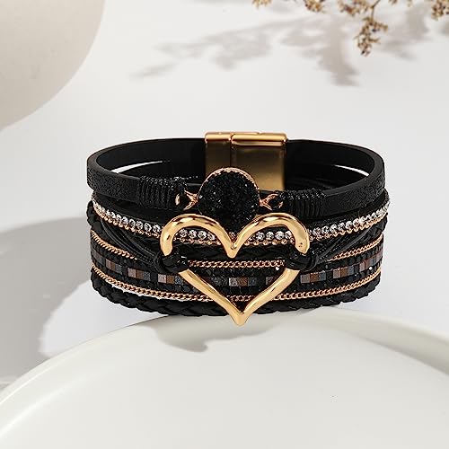 Womens Multi Layer Heart Leather Wrap Bracelet Boho Stackable Cuff Bangle Magnetic Clasp Crystal Birthday Valentine Gift - color: Black