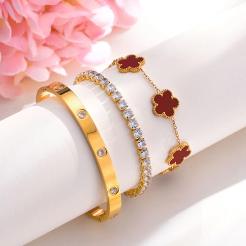 Womens Stackable Floral Gold Bracelets - 3Pcs 18K Gold Plated Bracelet,Stainless Steel Bangle Bracelets Non Tarnish, Gold Bracelet Set Trendy Jewelry,Christmas Valentines Birthday Gifts for Girlfriend - color: Red