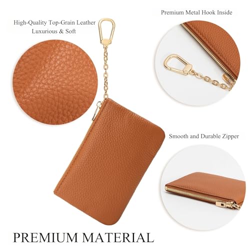 Full Grain Leather Coin Purse with Key Chain - Small Change Purse Keychain Card Holder Keychain Pouch Small Keychain Wallet for Women and Men (Brown, Large Size) - color: Brown, Large Size