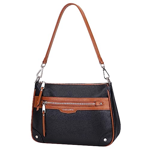 Over Earth Soft Genuine Leather Crossbody Bags for Women Medium Shoulder Purses Hobo Handbags with Multi Pockets - color: 02-black/Brown