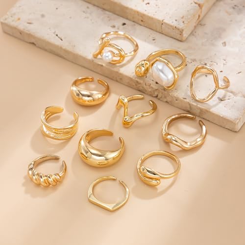Chunky Gold Rings for Women Non Tarnish Boho Stackable Rings Set Adjustable Open Joint Finger Midi Knuckle Ring Packs - color: Gold Pearl Rings 11Pcs