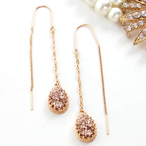 Simulated Druzy Threader Earrings for Women - Gold, Silver, or Rose Gold Tone Long Chain Earrings with Boho Created Geode Stone - color: Gold - Rose Gold Stone