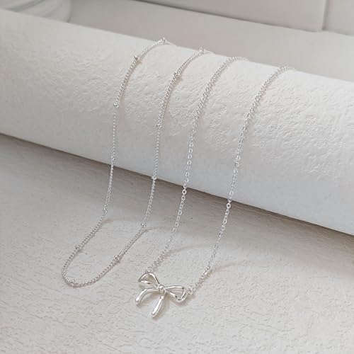 OGD Gold Necklace for Women, Bow Necklace 14K Layered Gold Necklace Dainty Bow Pendant Choker Necklace Trendy Bow Necklace Gold Chain Necklaces for Women Jewelry Gift - color: Silver Bow-2PCS
