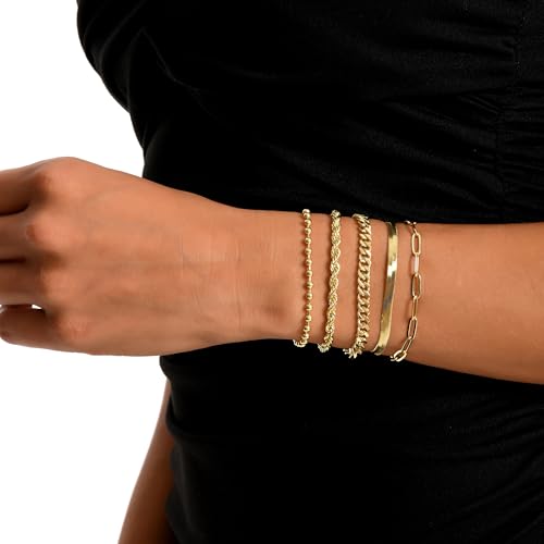 Dainty Gold Bracelets for Women, 14K Gold Plated Stackable Bracelet Set, Adjustable Beaded Cuban Paperclip Herringbone Figaro Snake Rope Chain Jewelry - style: Set4 Gold 5Pcs