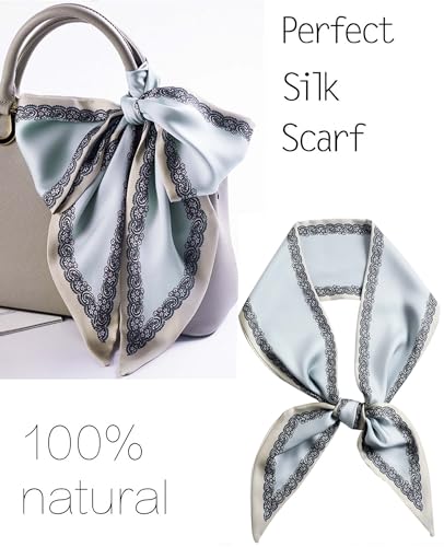 kcctoo 59” Long Silk Like Head Scarf Women's Fashion Square Neck Satin Scarfs for Bag Hair Scarves Gift 59 * 5.9” - color: L1 Lace Edge Haze Blue 59" X 5.9"