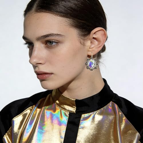 Handmade Bohemian Vintage Gold Sparkly Crystal Round Flower Leverback Earrings Cute Rhinestone Geometry Dangle Drop Earring for Women - color: Colorful Grey